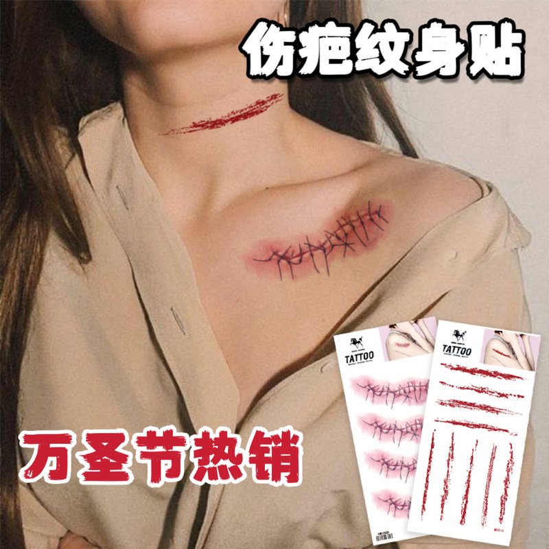 Factory Tattoo Sticker Collarbone Halloween Party Makeup Waterproof Sweatproof Scar Sewing Face Temporary Tattoo Sticker