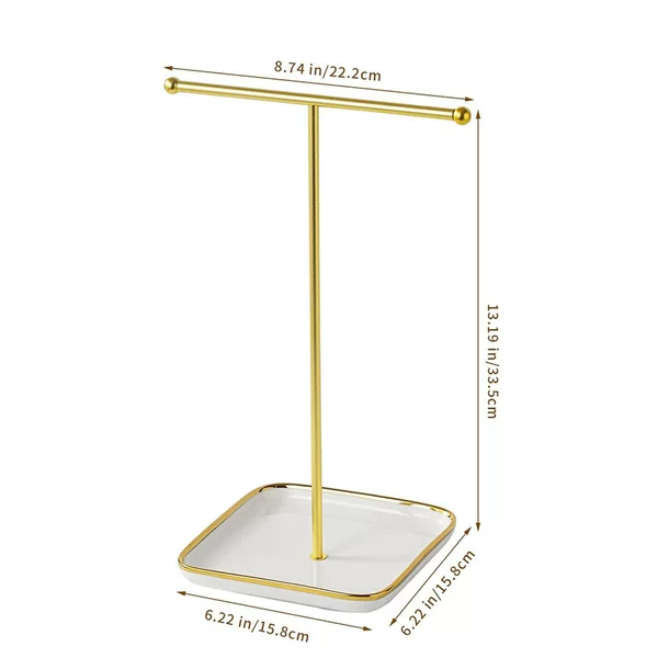 Cross-Border New Product 2-Layer Bracelet Display Stand T-Bar Shape Golden Iron Piece with Ceramic Base Jewelry Storage Display Stand