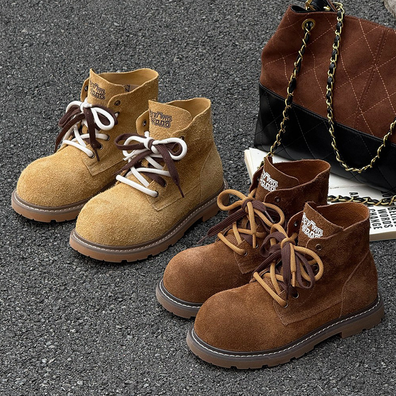 Korean Style Super Popular Large Leather Reverse Martin Boots for Women 2025 Autumn New Round Toe Thin Short Boots Sports Casual Yellow Boots