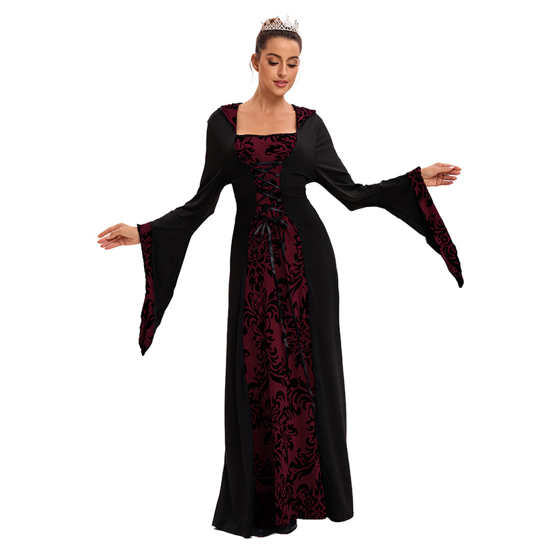 Las mujeres europeas y americanas populares cena medieval con capucha gran swing vestido impreso retro artístico de manga larga con cordones de cintura
