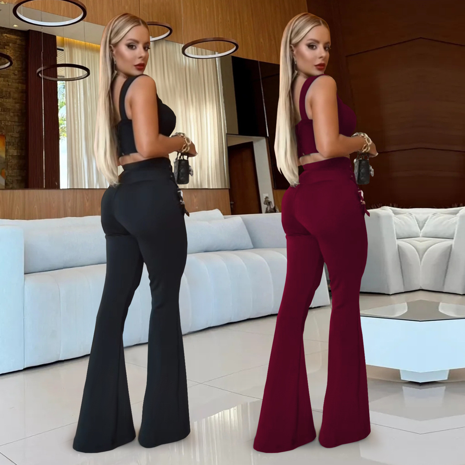 C7540 Aliexpress transfronterizo amazon ropa de moda europea y americana, ropa de mujer casual sexy, blusas de botón de ojos, pantalones largos, set