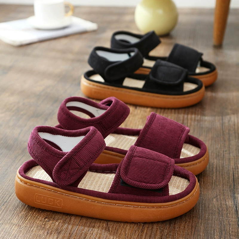 Льняные тапочки женские летом поглотить пот и нескользкий мягкий подошв дома, опухшие ноги, специальные ботинки, высокие отверстия, сандалии, мужские