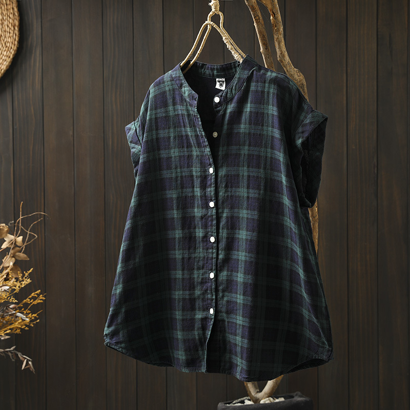 Japanese-Style Artistic Summer New Cotton and Linen Women's Stand Collar Loose Cuffed Short-Sleeve Double-Layer Cotton Gauze Shirt Fresh Sleeveless Blouse