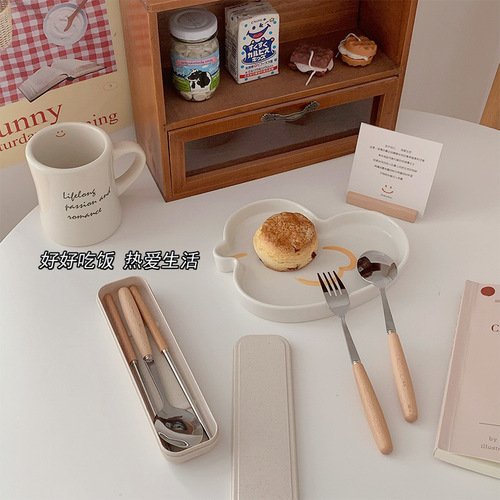 Trendy Creative Cartoon Stainless Steel Spoon for Students – Portable Takeaway Chopsticks & Spoon with Wooden Handles, Wholesale Stainless Steel Cutlery