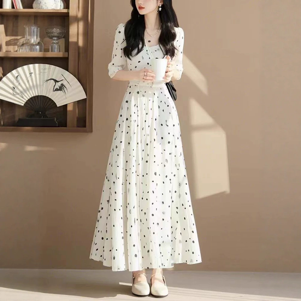 Đầm suông nữ midi họa tiết chấm bi phong cách Pháp — Điểm sóng trắng chi tiết 2