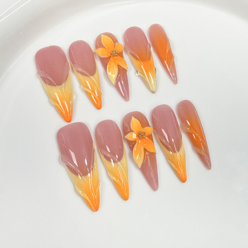 Romantic Warm Art Style Nail Art Stickers with Three-Dimensional Flowers in Pink and Orange Gradient, Gentle and Brightening, Handmade Wearable Nails