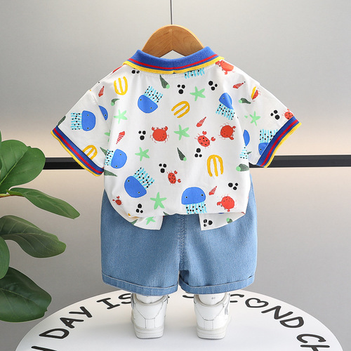 Summer 2024 New Male Children's Set Children's Short Sleeve T-shirt Korean Style Summer Outfit Stylish Set Polo Shirt Trendy