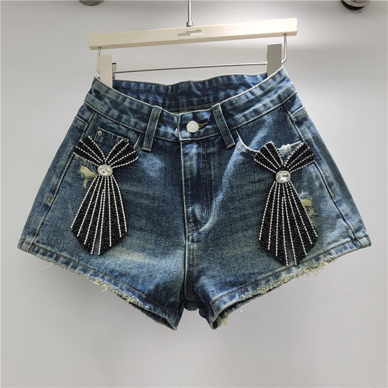 Pantalones Cortos Jeans con Pedrería para Mujer de Mezclilla de Poliéster de Cintura Baja
