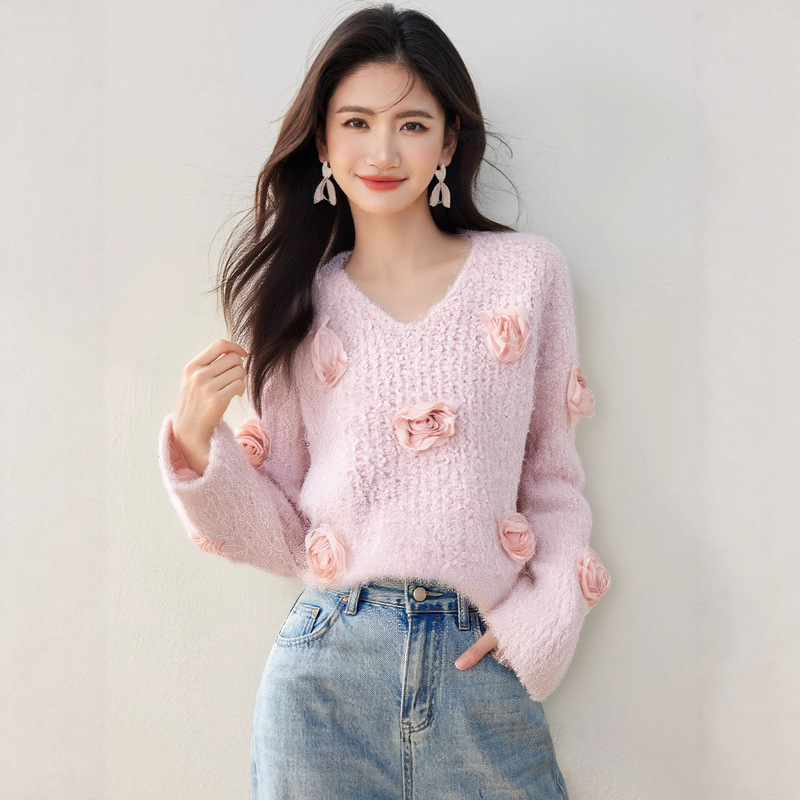 温柔甜美立体花朵粉色毛衣女士秋冬季甜美内搭软糯针织打底衫上衣|undefined