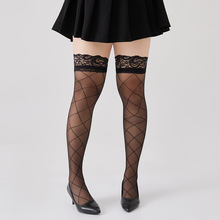 硅胶防滑菱格丝袜提花过膝花边长筒袜黑丝性感薄款透明大腿袜跨境