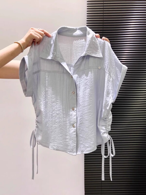 蓝色短款短袖多巴胺上衣女2025夏法式掐腰娃娃衫明媚独特Polo衬衫|undefined