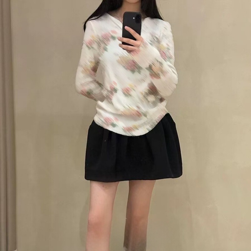 26 Early autumn fashion new floral crochet Henry collar long-sleeve T-shirt for women