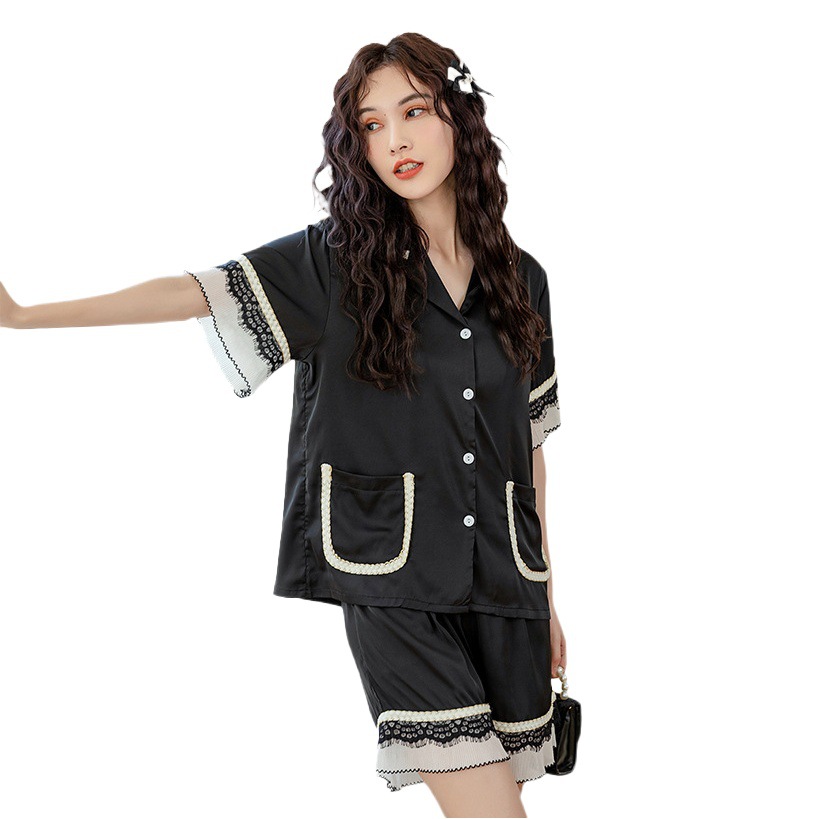 Nuevos pijamas de seda de hielo de alta gama para mujer, traje de solapa fina de manga corta con empalme de encaje de verano, ropa de moda para el hogar