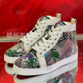 cl andgz男鞋幻彩亮片后跟钉高帮红底鞋女鞋情侣板鞋休闲鞋大码鞋