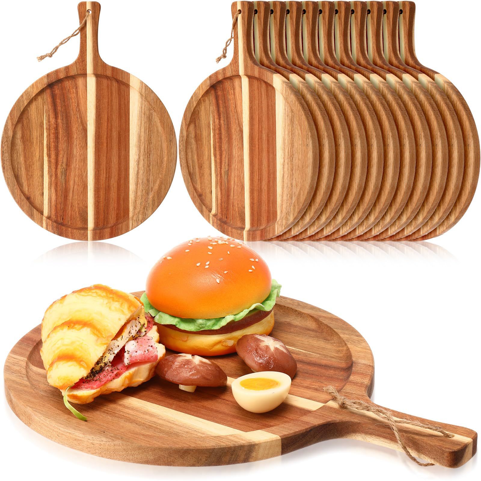 12 piezas de madera de acacia tabla de cortar redonda tabla de cortar con mango tabla de cortar de madera tabla de cortar de cocina bandeja de pizza tabla de paletas de madera