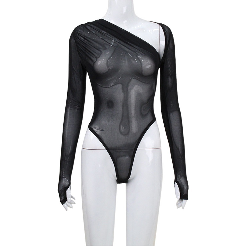 Venta caliente transfronteriza europea y americana ropa de mujer sexy cuello diagonal malla perspectiva club nocturno de manga larga puro deseo chica caliente estilo mono top