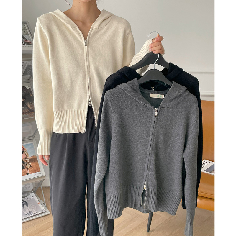 Big Sale Special Price 100% Cotton Pure Cotton Short Sweater Jacket Hooded Double Zipper Knitted Cardigan for Small Women