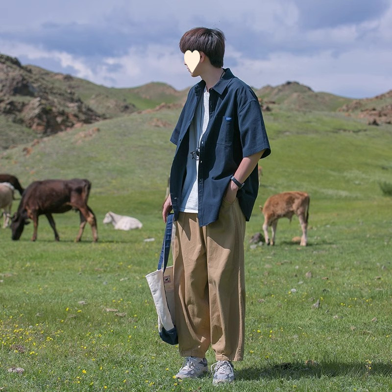 Japanese-Style Youthful Short-Sleeve Shirt for Men, Summer Thin Trendy Brand Loose Half-Sleeve Cool Workwear Shirt Jacket