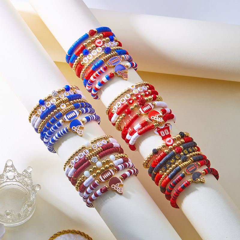 Rugby Bracelet Game Day Bracelet Rugby Mom Bracelet Soft Clay Beaded Stretch Acrylic Bracelet