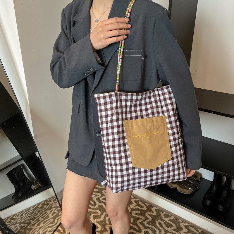 Bolso de lona a cuadros de doble cara estadounidense bolso de desplazamiento femenino bolso especial retro bolso de mano de color de choque de primavera nuevo bolso padre - hijo