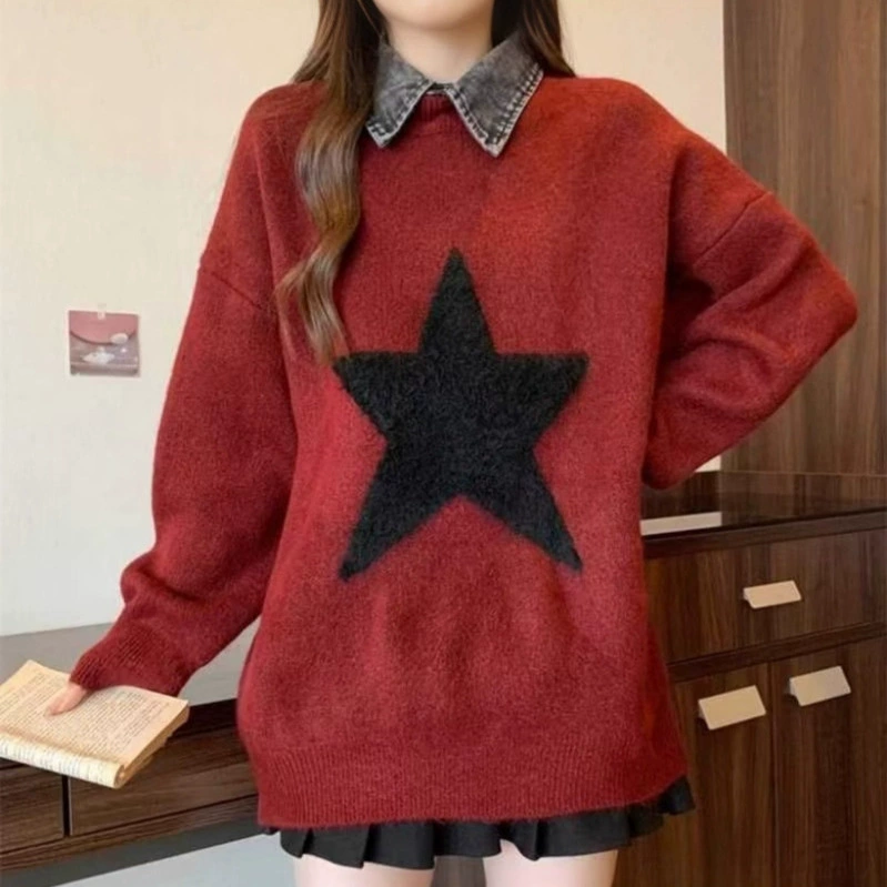 Джинсовый воротник, серый трикотаж, женский осенне-зимний толстый дизайн, топ с длинными рукавами, свободный пуловер, мягкий восковой трикотаж, женская одежда