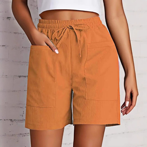 European and American wish summer new women's clothes pure color pockets loose high-waist casual fashionable quarter shorts