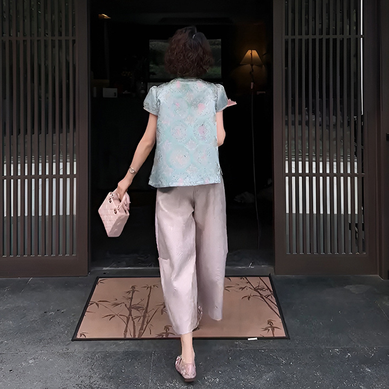 2025年夏服、気質の高級新作中国風プリントスタンドカラー半袖トップスとワイドレッグパンツの2点セット|undefined