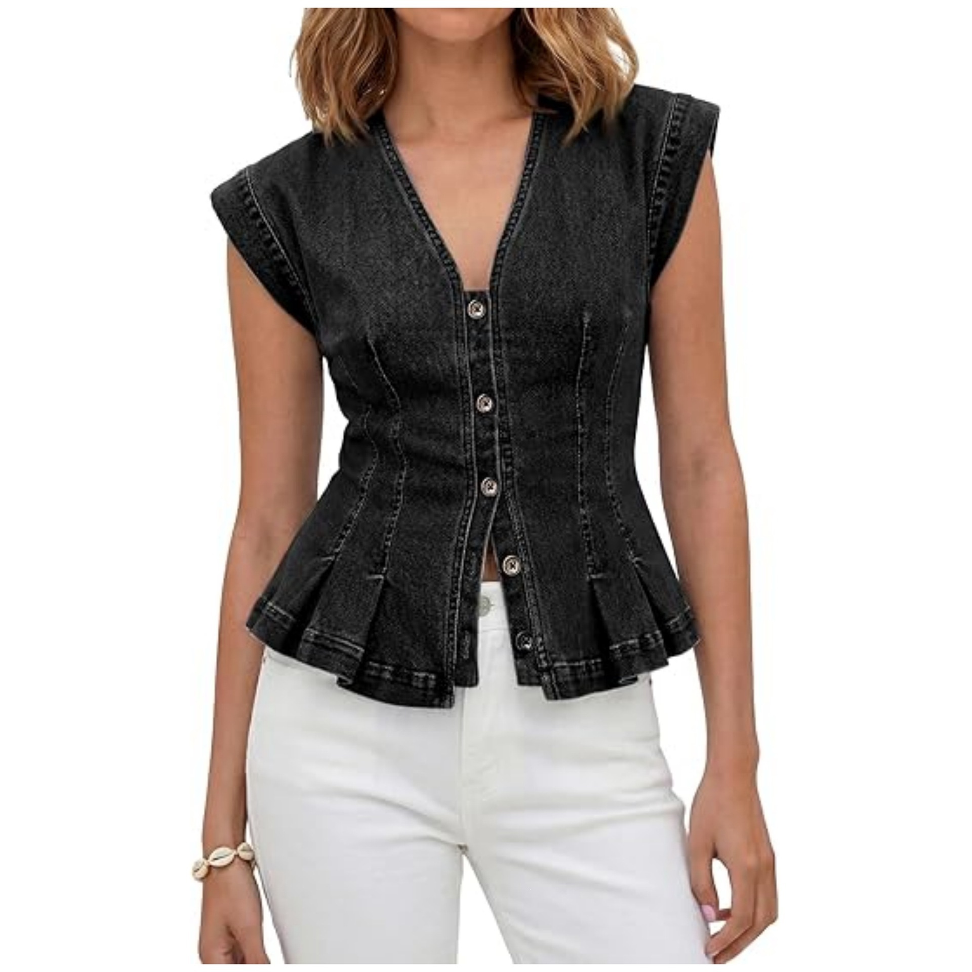European and American Cross-Border Women's V-Neck Denim Vest Top, Fashionable Casual Buttoned Slim-Fit Pleated Sleeveless Denim Top 3