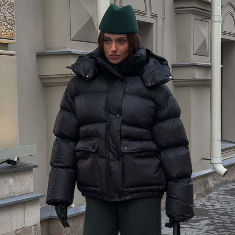 Cross-Border Black Cotton Jacket European and American 2025 Winter New Square Pocket Cotton Jacket Warm Hooded Cotton Jacket for Women Cross-Border Black Cotton Jacket European and American 2025 Winter New Square Pocket Cotton Jacket Warm Hooded Cotton Jacket for Women
