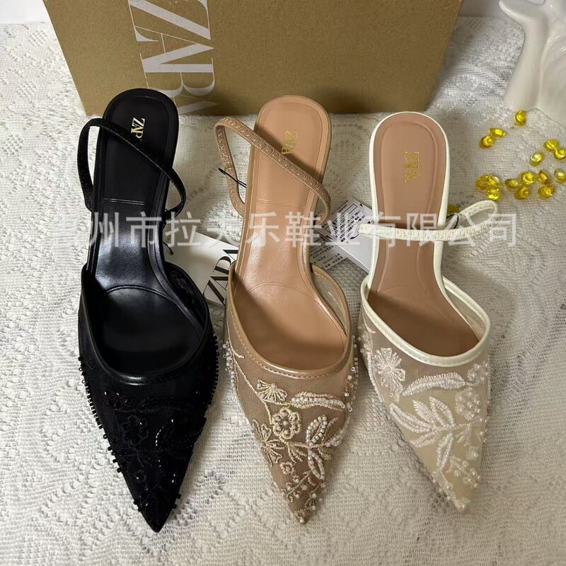Za2025 Autumn and Winter New White Embroidered Mesh Stiletto Heel Slingback Mule Shoes Pointed Toe Pumps Sandals for Women Za2025 Autumn and Winter New White Embroidered Mesh Stiletto Heel Slingback Mule Shoes Pointed Toe Pumps Sandals for Women