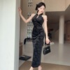 Pearl embellishment off shoulder cheongsam with buttocks wrapped dress