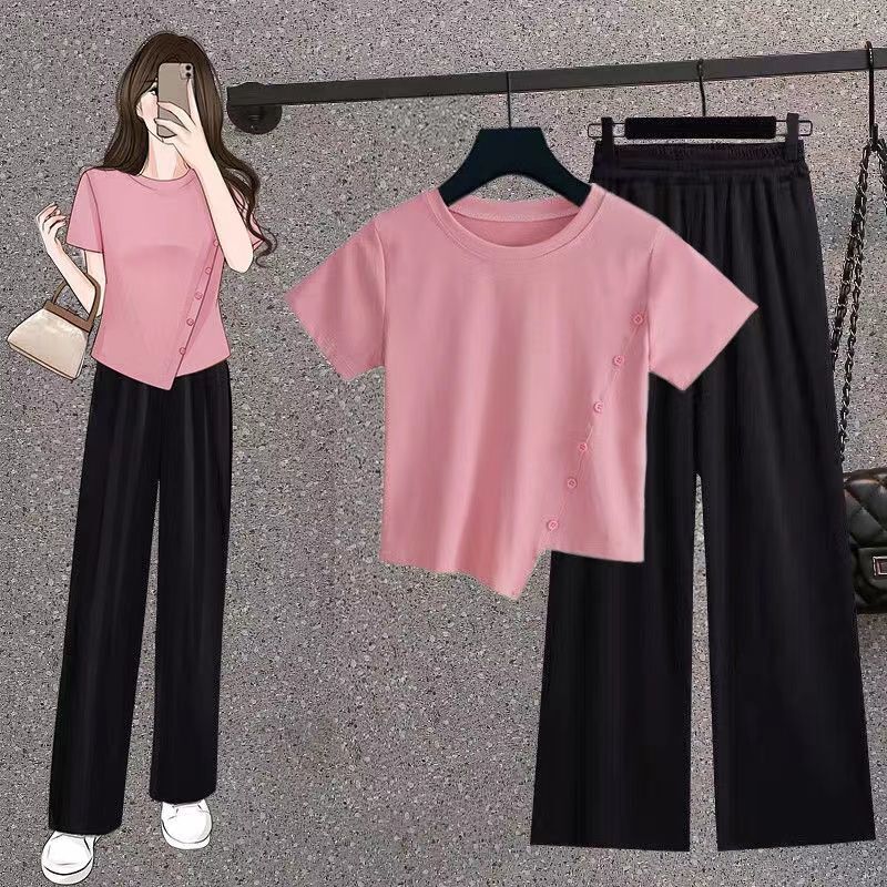 Single/summer fashion suit women's irregular short T-shirt women's top + high waist vertical wide leg pants two-piece set