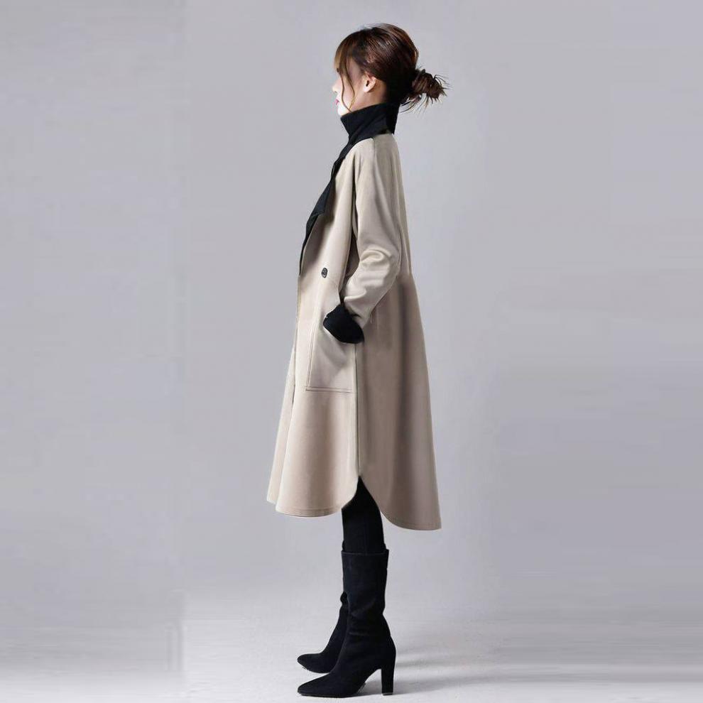 Women's Oversized Long Trench Coat With Contrast Collar - Autumn Casual Streetwear Jacket (S/M/L) Women's Clothing_voghion.com