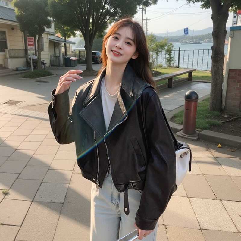 Hong Kong Style Retro Black Leather Jacket for Women Spring & Fall 2025 New Style Super Nice Short Pu Motorcycle Jacket