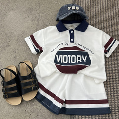 兒童夏季美式學院風POLO衫短袖套裝男女童休閒運動半袖短褲兩件套