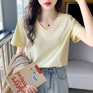 Creamy Yellow V-Neck Regular Shoulder Women's Short-Sleeve Summer Pure Cotton Loose Versatile T-Shirt New Slimming Plus-Size Top Trendy