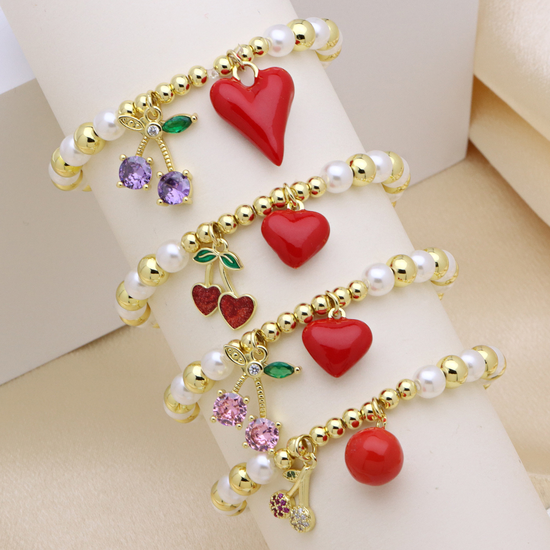 8g Weight Copper Pendant Material Bracelets Classification Pearl, Copper Chain Material Elegant Vintage Style Cherry Heart Shape Artificial Pearl Copper Ball Chain Beaded Bracelets Wholesale