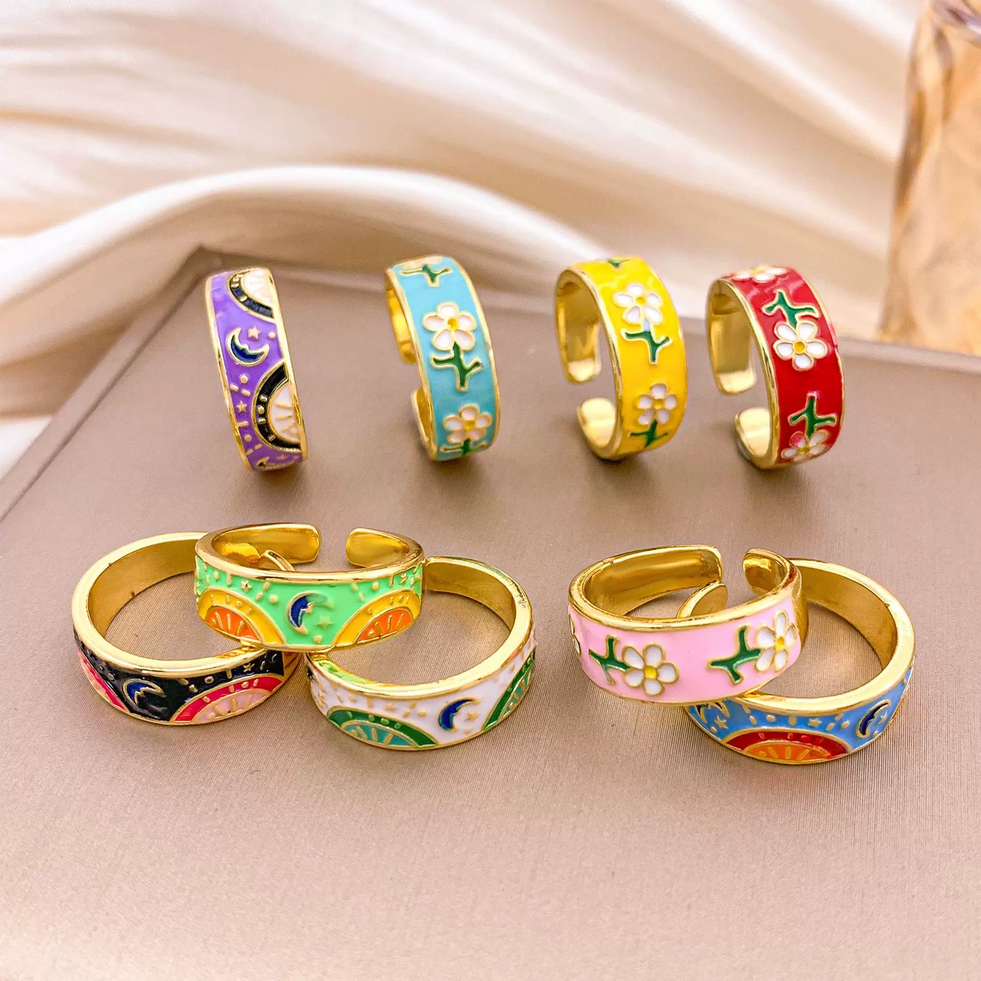 戒指跨境欧美法式C字圈柠檬小花戒指小众高级感小清新不掉色配饰