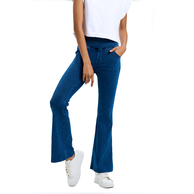 Cintura alta adelgazamiento intersección bolsa Denim fitness pantalones acampanados mujeres estiramiento apretado deportes yoga al aire libre pantalones Casuales