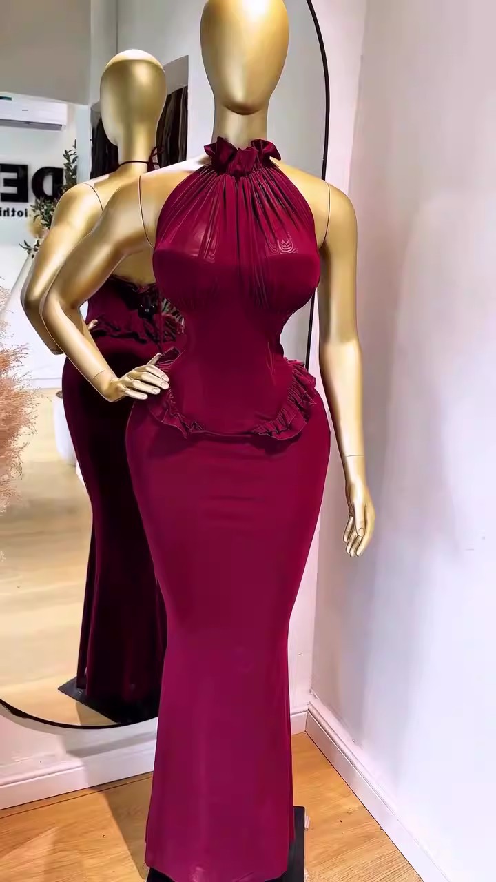 Women's Clothing Slimming Long Evening Dress Sleeveless Halter Neck American Style For Autumn Winter_ecoleips.com