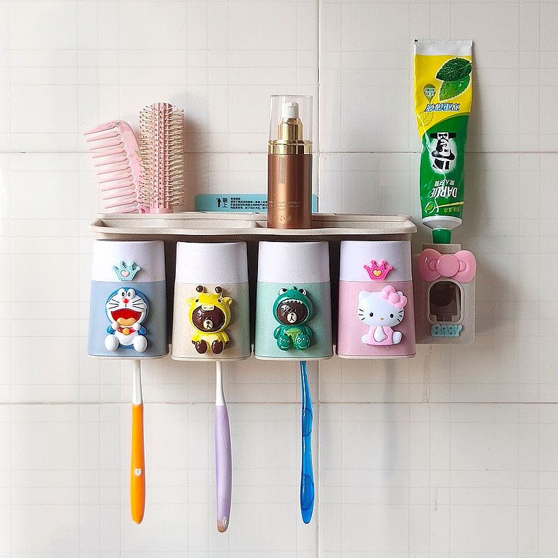 Cartoon bathroom wall-mounted suction toothbrush holder suit wash rack toothbrush cup storage rack creative children mouthwash Cup