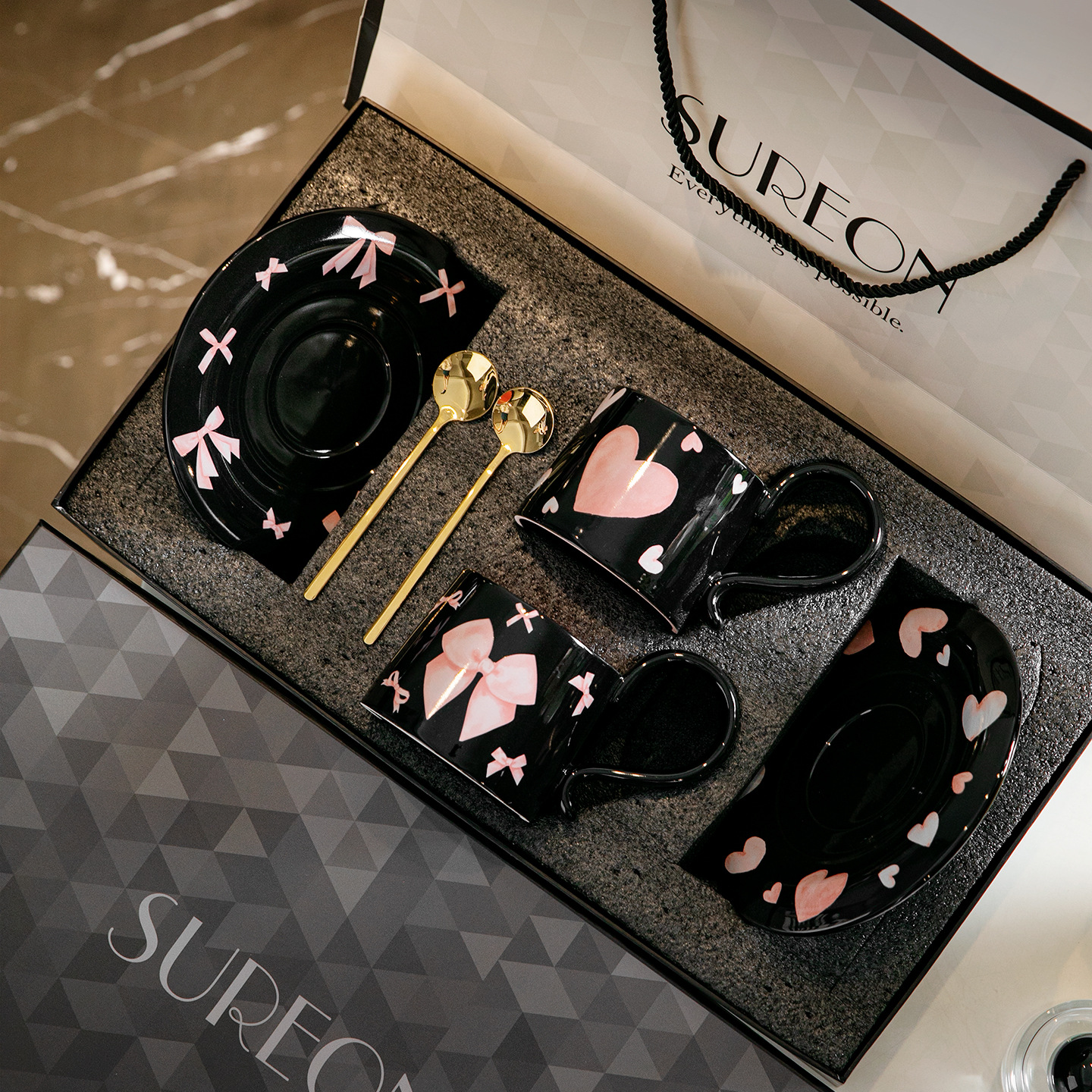 Amor arco taza de café y plato conjunto de caja de regalo para la casa de bodas regalo de regalo de cumpleaños té de la tarde