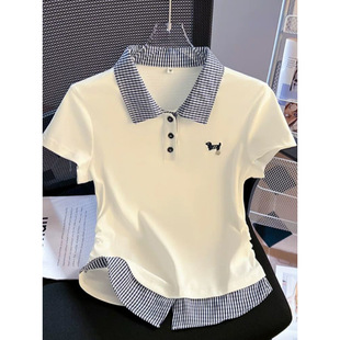 Girls' Faux Two-Piece Plaid Polo Collar Short-Sleeve T-Shirt, Summer Niche Design, Slim-Fit Short Style with a Turn-Down Collar