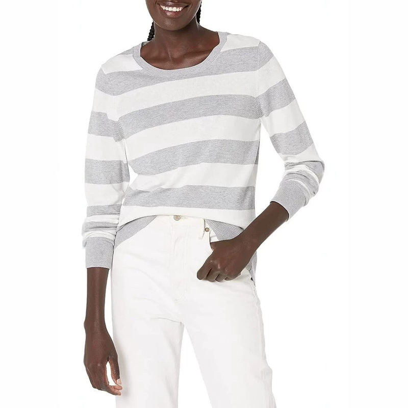 Women's pullover top, cross-border European and American fashion, new autumn and winter casual loose knit sweater with contrasting color stripes and patchwork design