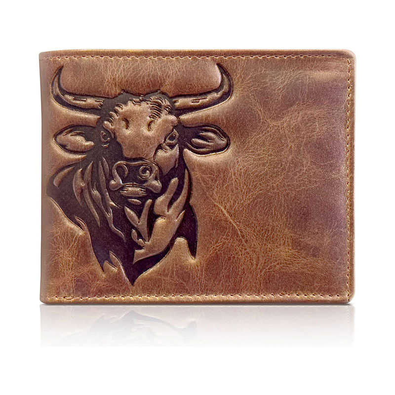 Popular Foreign Trade Men's Western-Style Wallet, Vintage Bull Leather Coin Purse, Rfid Anti-Theft Blocking Wallet, Customizable