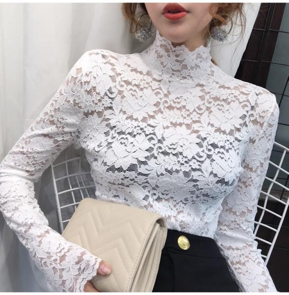 Retro high-neck, form-fitting lace shirt for women, Korean-style tight long-sleeved T-shirt with cutout base layer, 2019 autumn new style pic 5