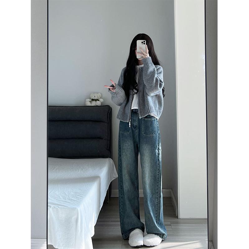 秋装搭配一整套2025新款针织开衫毛衣外套女显瘦高腰牛仔裤两件套|undefined