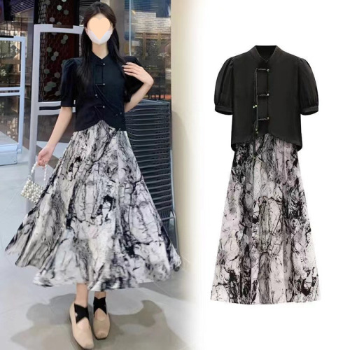 Chinese-style set including a short-sleeve, traditional short dress for women, retro, ink-wash summer top, slimming, two-piece set