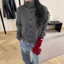 秋冬高领毛衣开衫外套女慵懒风宽松复古单排扣韩版针织衫外套上衣