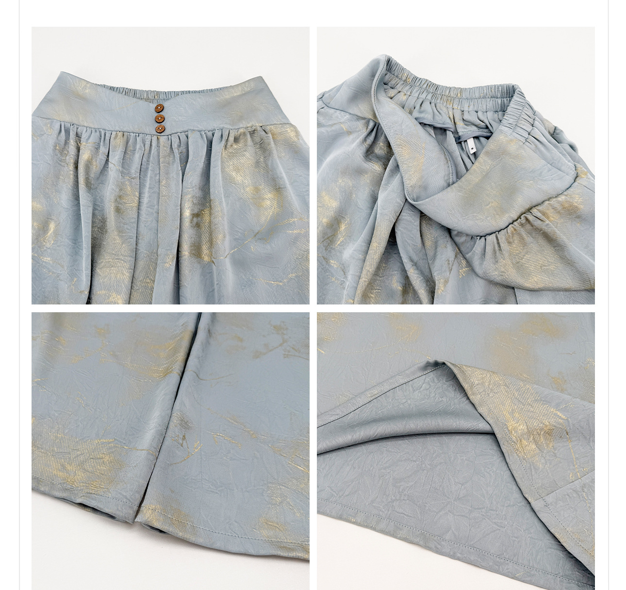 Quần culottes nữ ống rộng dáng dài chất liệu nhăn nhẹ phong cách quốc phong — Xanh da trờicolor chi tiết 2